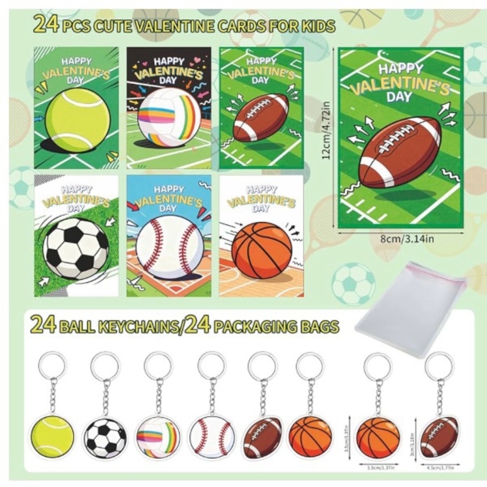 Sports Valentines Day Cards for Kids School 24 Packs w Various Sports Keychains